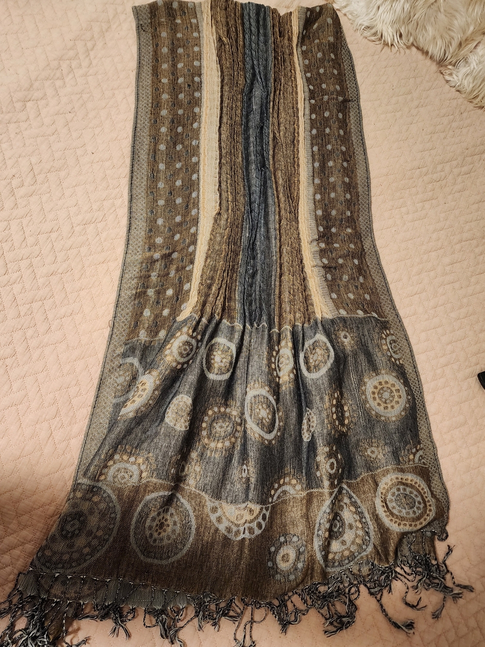 Boho Crinkle Long (6ft) Scarf, Earthy Tones & Medallion Print